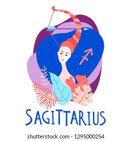 Cartoon Illustration Of Zodiac Sign Sagittarius As A Beautiful Woman. Horoscope For Girl.