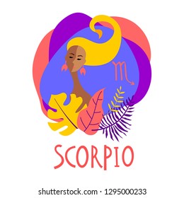 Cartoon illustration of zodiac sign Scorpio as a beautiful woman. Horoscope for girl.