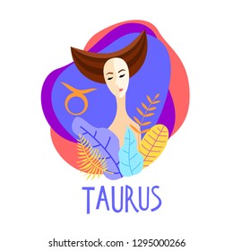 Cartoon illustration of zodiac sign Taurus as a beautiful woman. Horoscope for girl.