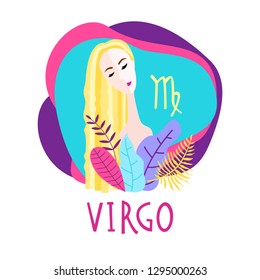 Cartoon illustration of zodiac sign Virgo as a beautiful woman. Horoscope for girl.