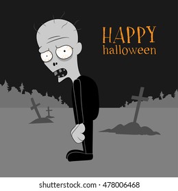 Cartoon illustration of a zombie at the cemetery. Vector illustration. A card by Halloween