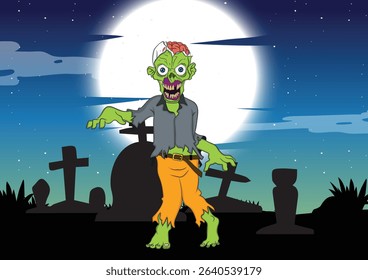 Cartoon illustration of a zombie cartoon in graveyard with background of gravestone.