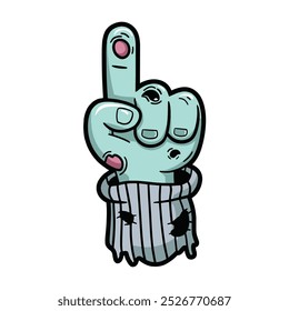 Eine Cartoon-Illustration einer Zombie-Hand mit einem Finger, der auf weißem Hintergrund nach oben zeigt.