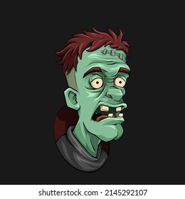 Cartoon Illustration of Zombie Head with Confused Facial Expression. Spooky Horror Cartoon Creature Character Illustration