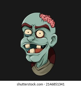 Cartoon Illustration of Zombie Head with Evil Laugh Facial Expression. Spooky Horror Cartoon Creature Character Illustration