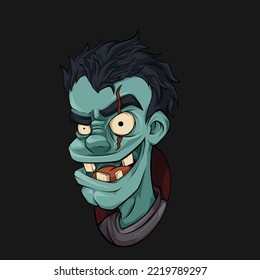 Cartoon Illustration Of Zombie Head With Wicked Grin Facial Expression. Spooky Horror Cartoon Creature Character Illustration.