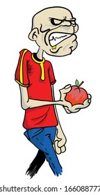 cartoon illustration of a zombie holding an apple