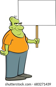 Cartoon illustration of a zombie holding a sign.