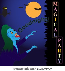 Cartoon illustration with zombie for magical party invitation card template. Invitation to a Halloween party at full moon