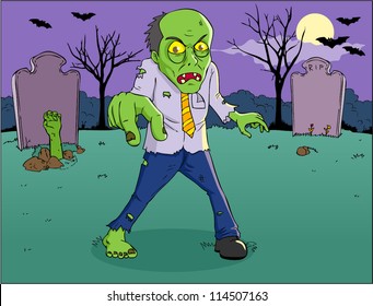 Cartoon illustration of a zombie on graveyard