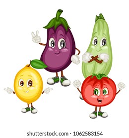 Cartoon Illustration of a Zucchini, Eggplant, Lemon and Tomato. Cute Veggie Mascots. Vector Illustration