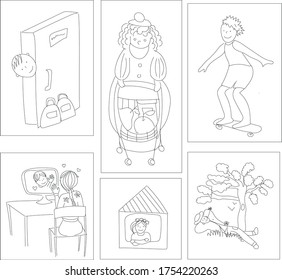 cartoon illustrations about quarantine exit, stay home, use mask, walk alone