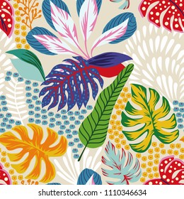 Cartoon illustrations. Abstract color tropical leaves flowers seamless sand background. Trendy pattern vector composition