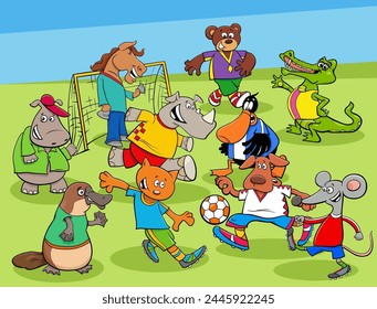 Cartoon illustrations of animal football or soccer player characters playing a match on the field