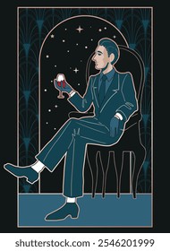 cartoon illustrations in art deco style, man with glas, night city background