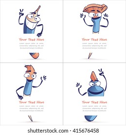 Cartoon Illustrations of Art Tools with Blank Paper Piece. School Isolated Characters on White Background Set. Vector Card Template Collection