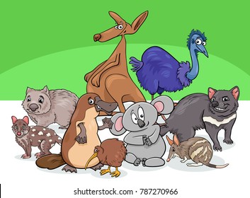 Cartoon Illustrations of Australian Animal Characters Group