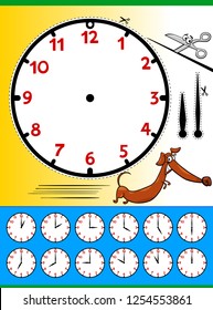 Cartoon Illustrations of Clock Face Telling Time Educational Page for Children