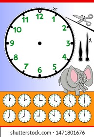 Cartoon Illustrations of Clock Face Telling Time Educational Worksheet for Children