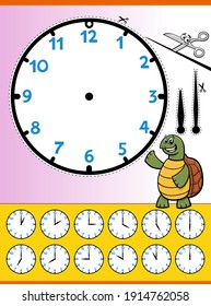 Cartoon illustrations of clock face telling time educational worksheet for kids