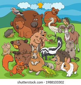 Cartoon illustrations of comic wild animals characters group