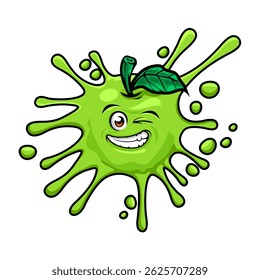 Cartoon illustrations depicting explosions or splashes from green apples, depicted in a fun and humorous style, are often used in the context of beverage branding, children's games or fun educational 