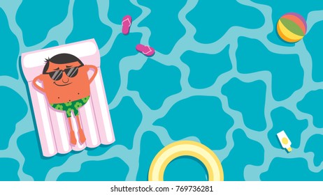 Cartoon illustrations depicting man in swimming pool on summer vacation.