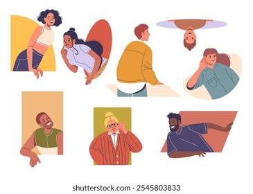 Ilustraciones De Dibujos Animados De Diversas Personas Que Muestran Curiosidad Y Diversión A Través De Escuchas Y Acciones De Asomamiento, Con Una Mezcla De Personajes En Varias Poses, Que Expresan Curiosidad Y Diversión