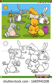 Cartoon Illustrations of Easter Bunnies and Chicks Holiday Characters with Eggs Coloring Book Page