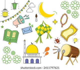 Cartoon and illustrations and elements of the Eid al-Fitr and Ramadan Mubarak