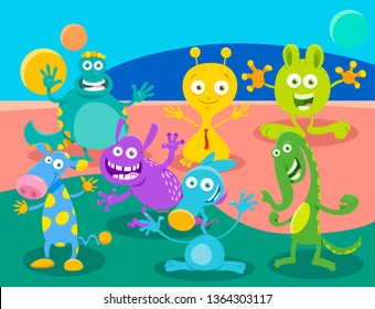 Cartoon Illustrations of Fantasy Monsters or Aliens Comic Characters Group in Funny World