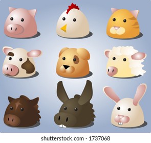 Cartoon illustrations of farm animals and pets: pig, chicken, cat, cow, dog, sheep, horse, donkey, bunny. Vector isometric heads