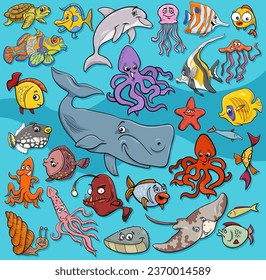 Cartoon illustrations of fish and marine animal characters group