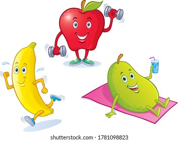 Cartoon illustrations of fun, happy fruit characters exercising and relaxing. The banana is running, apple is lifting dumbbells, and the pear is relaxing with a cold drink on a towel or blanket.