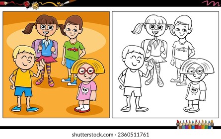 Cartoon illustrations of funny children or teens comic characters group coloring page