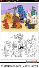 Cartoon illustrations of funny colorful dogs and puppies animal characters group coloring page