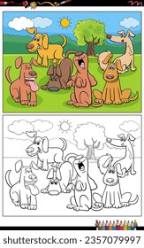 Cartoon illustrations of funny dogs and puppies animal characters group coloring page