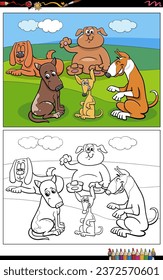 Cartoon illustrations of funny dogs and puppies animal characters group in the park coloring page