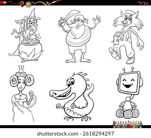 Cartoon illustrations of funny fantasy characters set coloring page