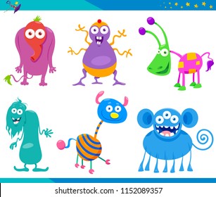 Cartoon Illustrations of Funny Fantasy Monsters or Frights Characters Set