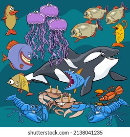 Cartoon illustrations of funny fish sea life animal characters group