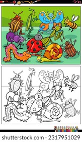 Cartoon illustrations of funny insects animal characters group coloring page