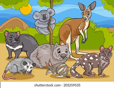 Cartoon Illustrations of Funny Marsupials Mammals Animals Mascot Characters Group