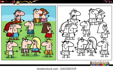 Cartoon illustrations of funny people comic characters group coloring page