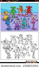 Cartoon Illustrationen von lustigen Robotern oder Droiden-Charaktere Gruppen-Farbseiten