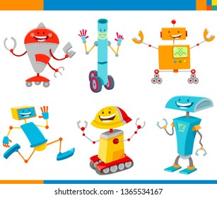 Cartoon Illustrations of Funny Robots Science or Fantasy Characters Set