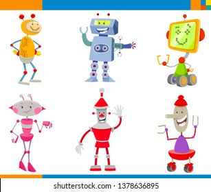 Cartoon Illustrations of Funny Robots Science Fiction or Fantasy Characters Set