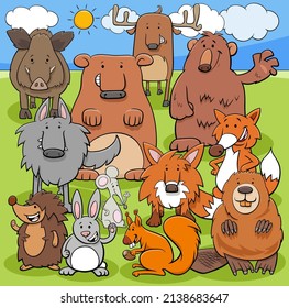 Cartoon illustrations of funny wild animal characters group