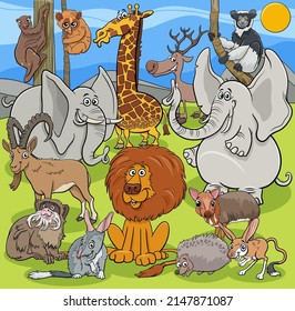 Cartoon illustrations of funny wild animals characters group