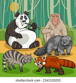 Cartoon illustrations of funny wild Asian animal characters group svg